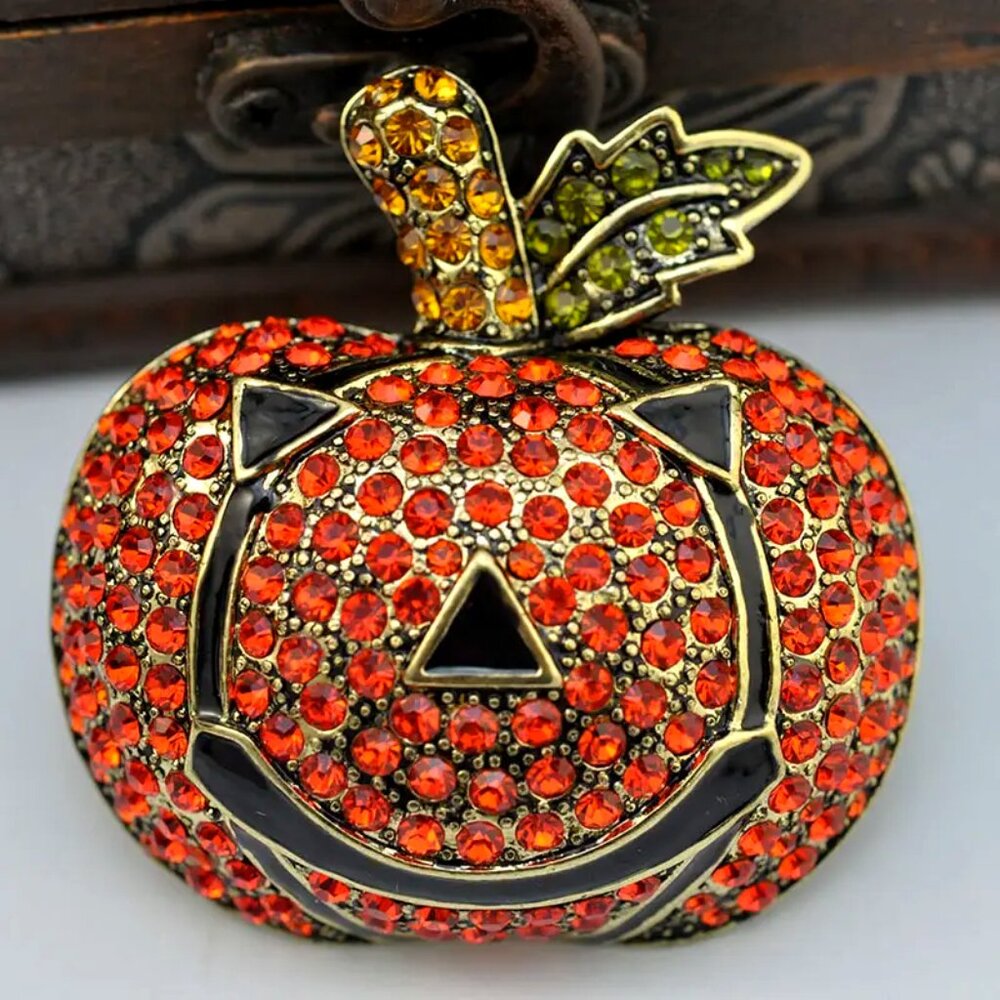 Cute Decorative Enamel and Rhinestone • Pumpkin Brooch